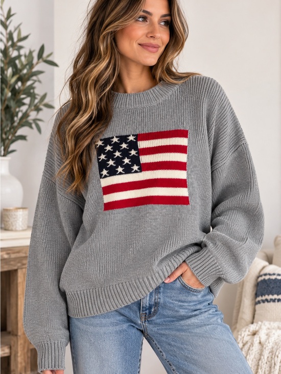 Zenana Outfitters Sweaters - Zenana Outfitters Grey Crewneck Sweater with Flag
